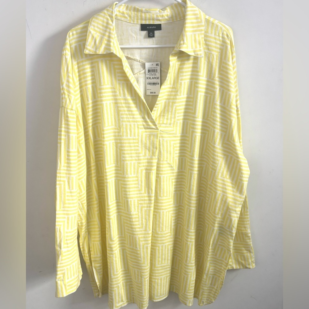 Alfani Blouse Linen Blend Henley Yellow 2XL Coastal Resortwear beach Vacation